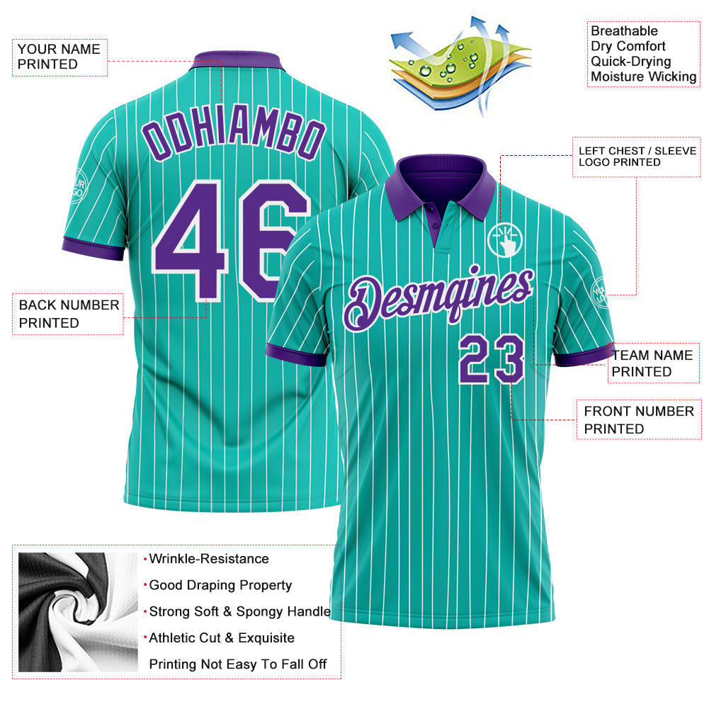 Custom Aqua White Pinstripe-Purple Performance Polo Shirt view 3