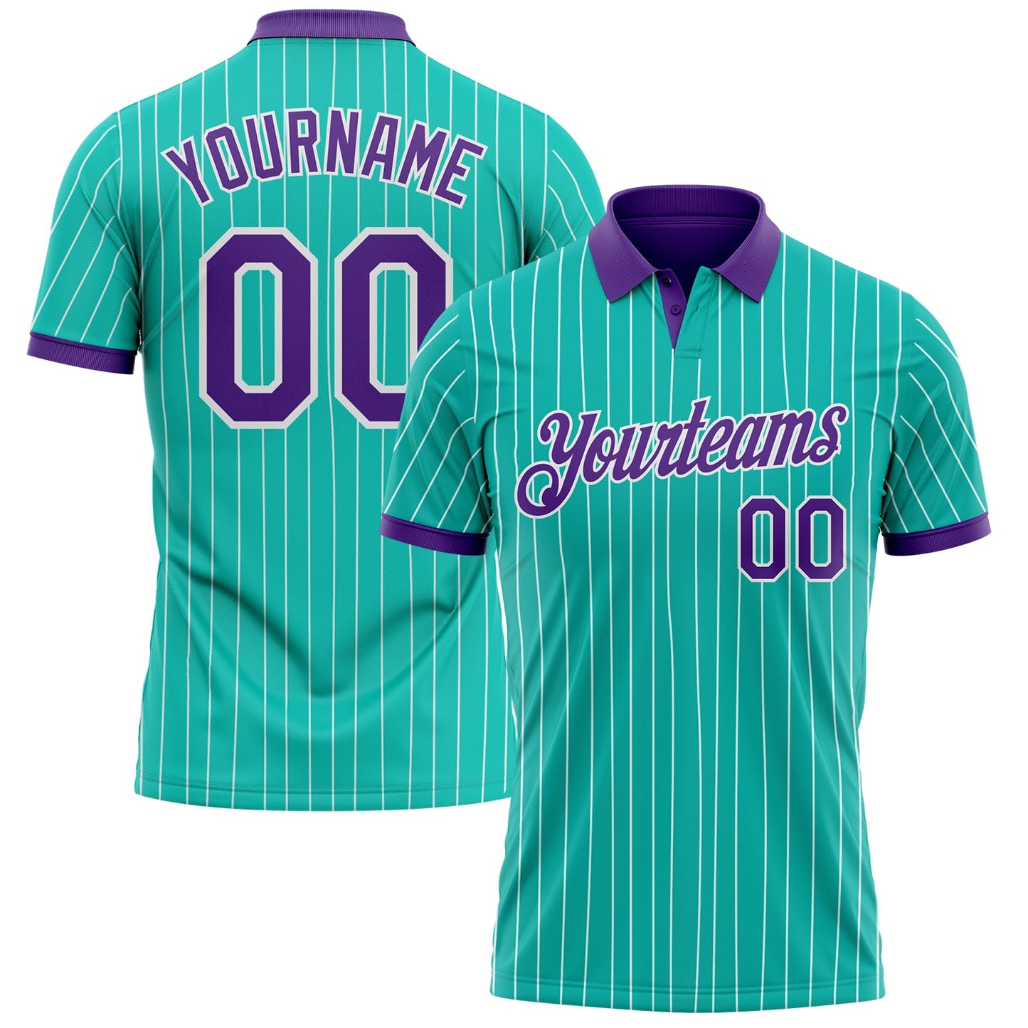 Custom Aqua White Pinstripe-Purple Performance Polo Shirt - Main View