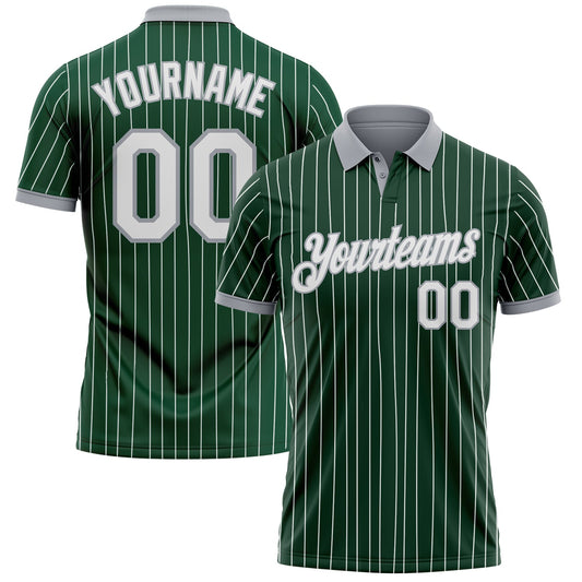 Custom Green White Pinstripe-Gray Performance Polo Shirt - Main View