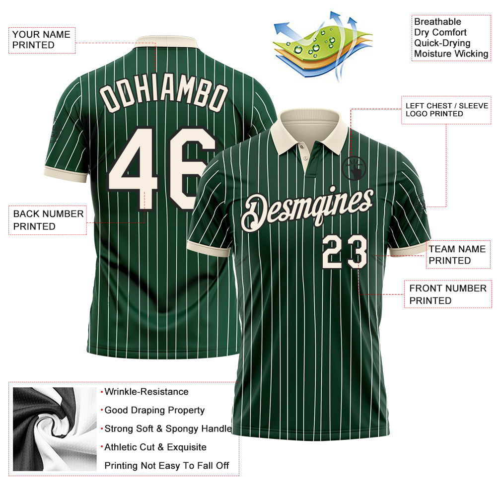 Custom Green White Pinstripe Cream-Black Performance Polo Shirt view 3