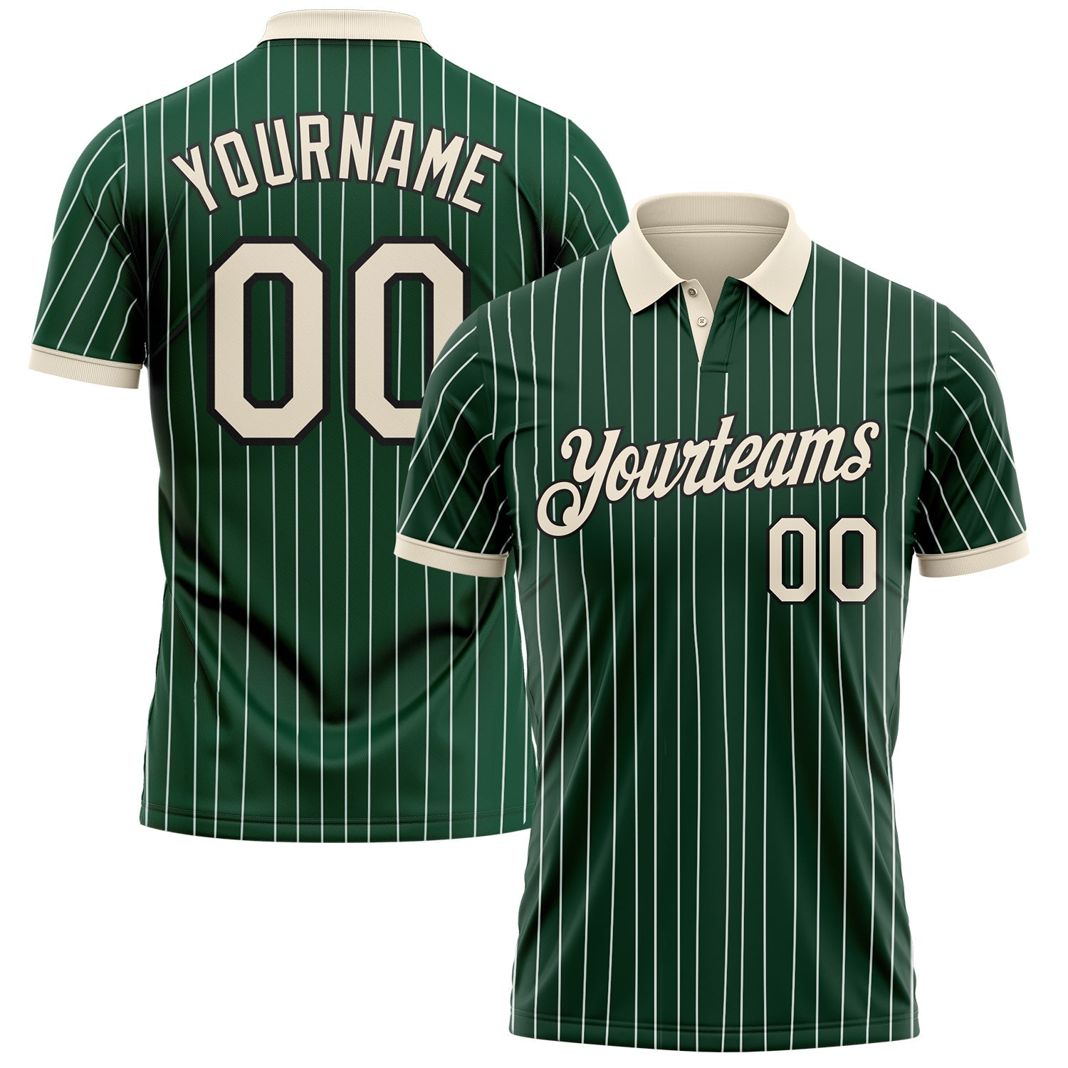 Custom Green White Pinstripe Cream-Black Performance Polo Shirt - Main View