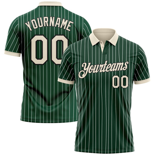 Custom Green White Pinstripe Cream-Black Performance Polo Shirt - Main View