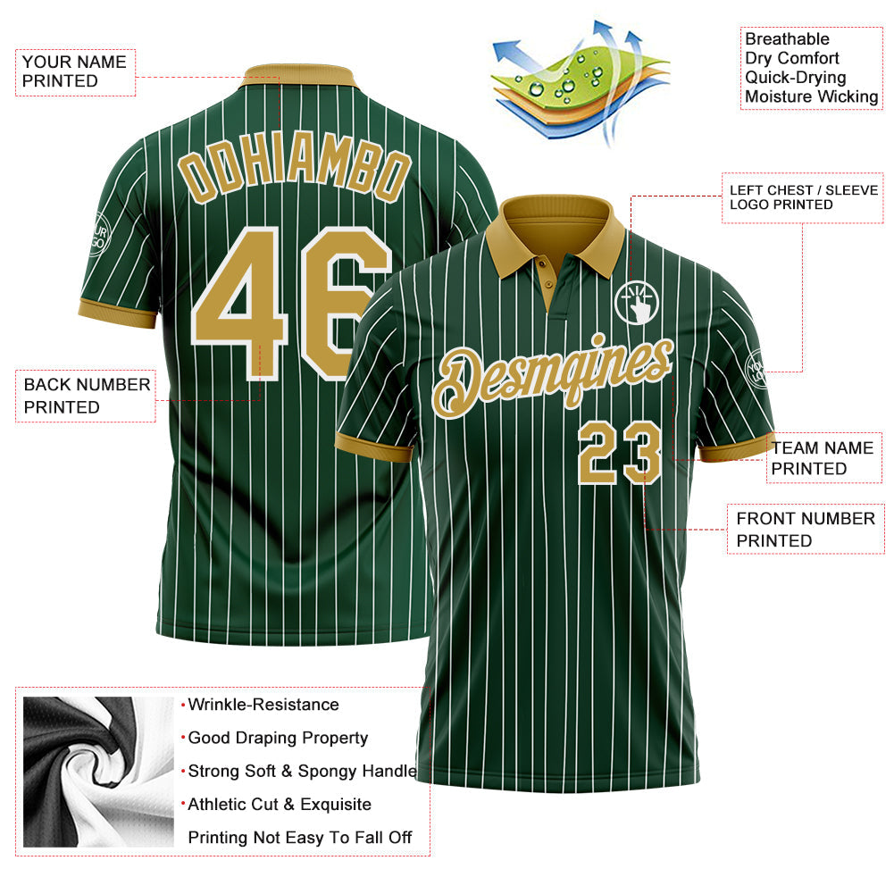 Custom Green White Pinstripe-Old Gold Performance Polo Shirt view 3