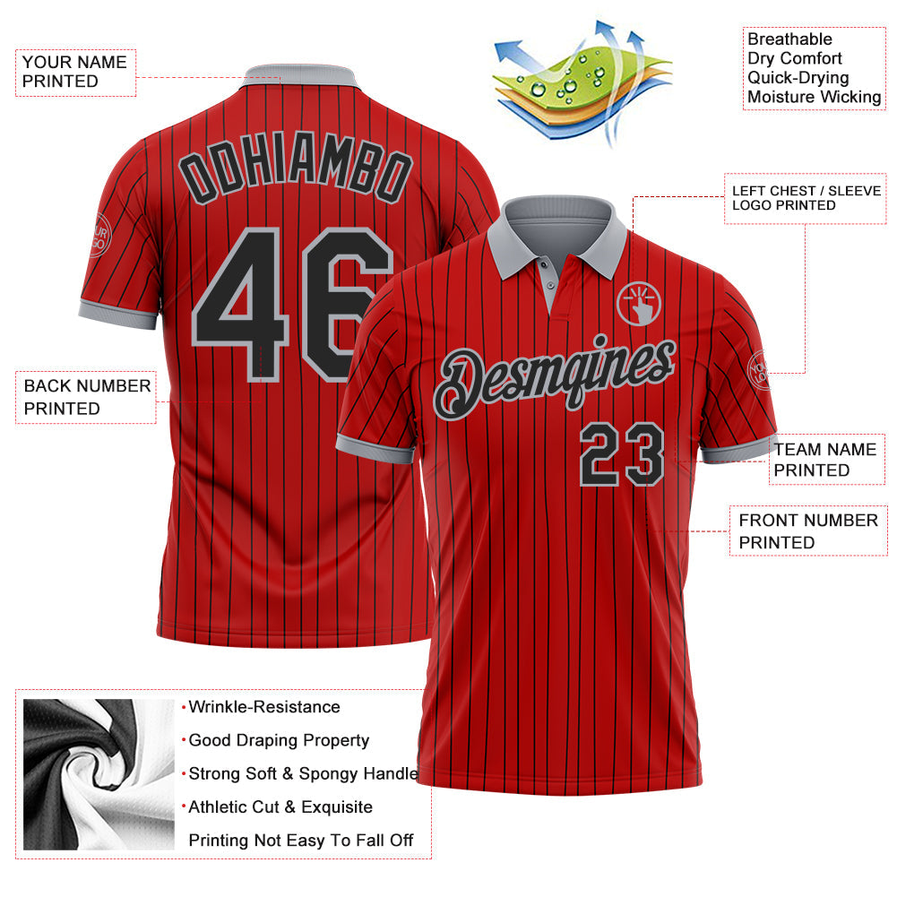 Custom Red Black Pinstripe-Gray Performance Polo Shirt view 3