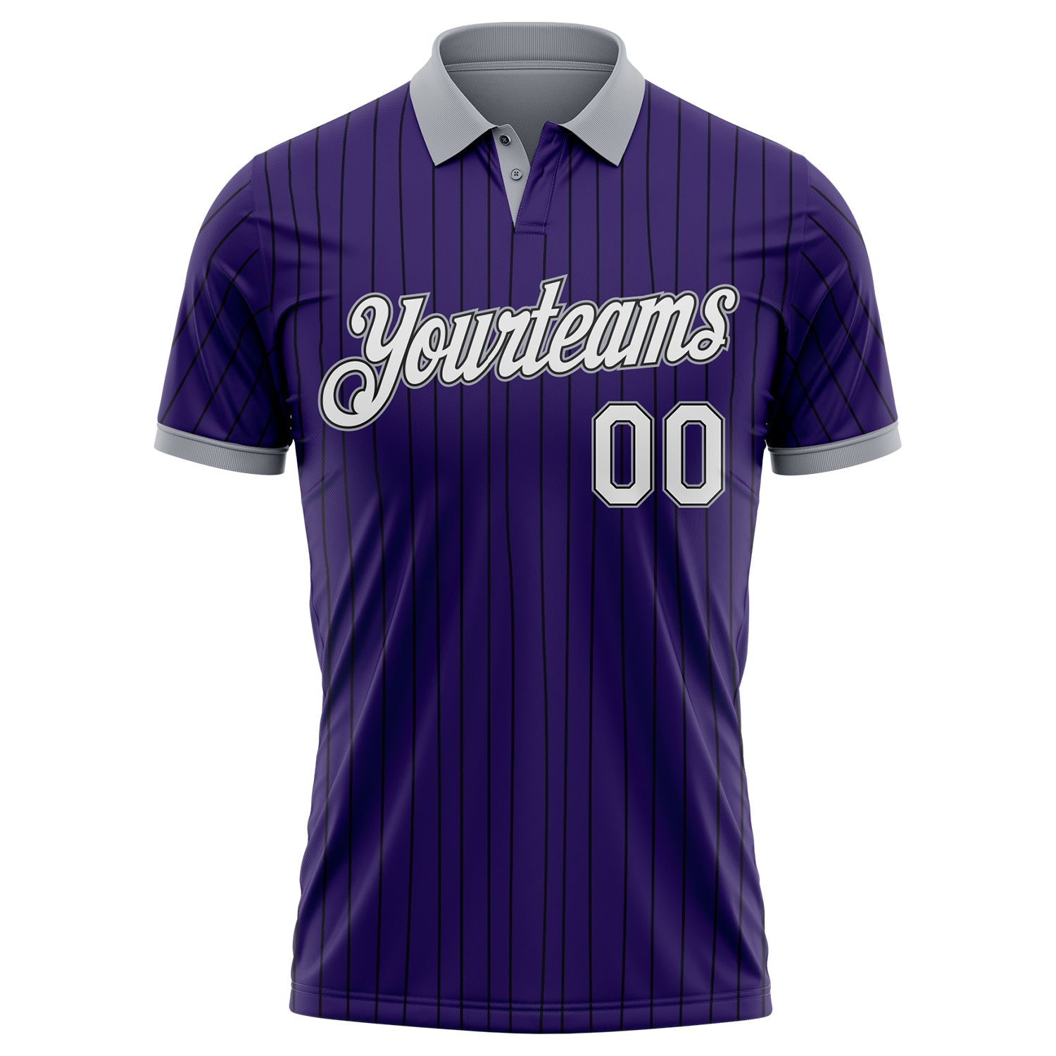 Custom Purple Black Pinstripe White-Gray Performance Polo Shirt view 2