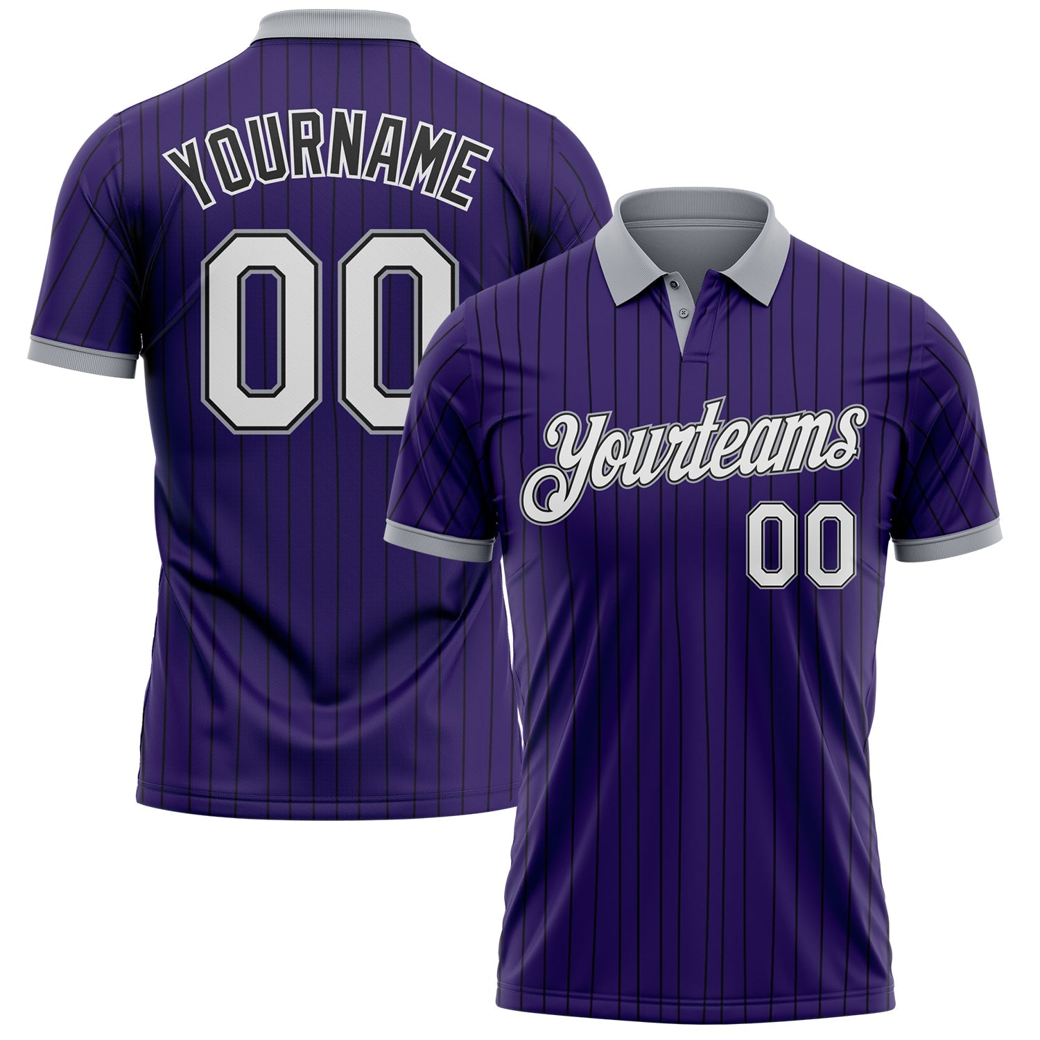 Custom Purple Black Pinstripe White-Gray Performance Polo Shirt - Main View