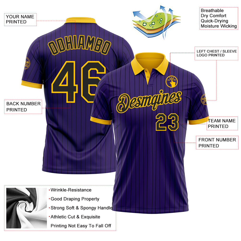 Custom Purple Black Pinstripe-Yellow Performance Polo Shirt view 3
