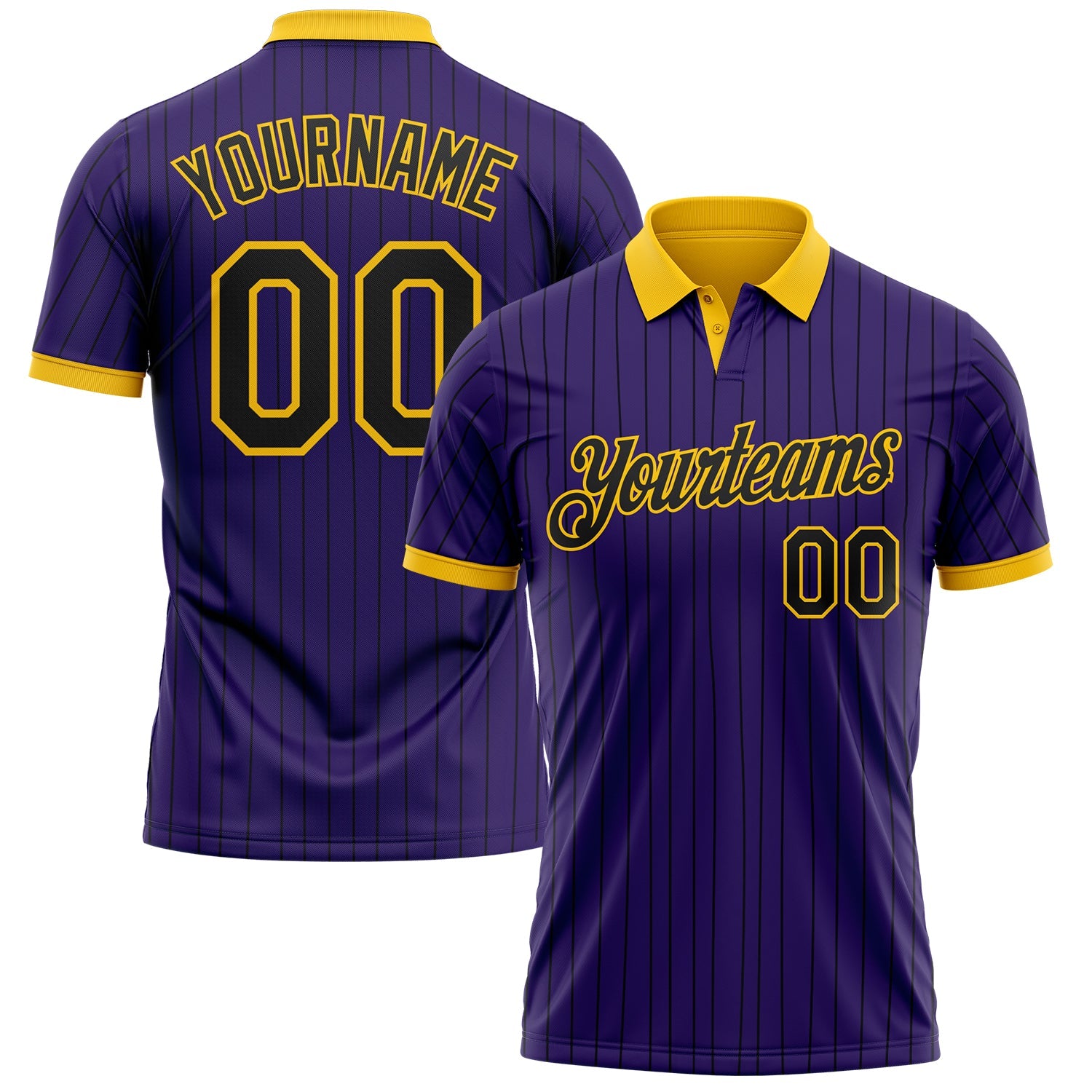 Custom Purple Black Pinstripe-Yellow Performance Polo Shirt - Main View
