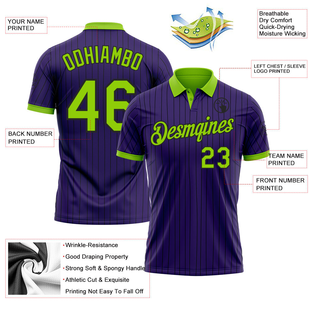 Custom Purple Black Pinstripe-Neon Green Performance Polo Shirt view 3