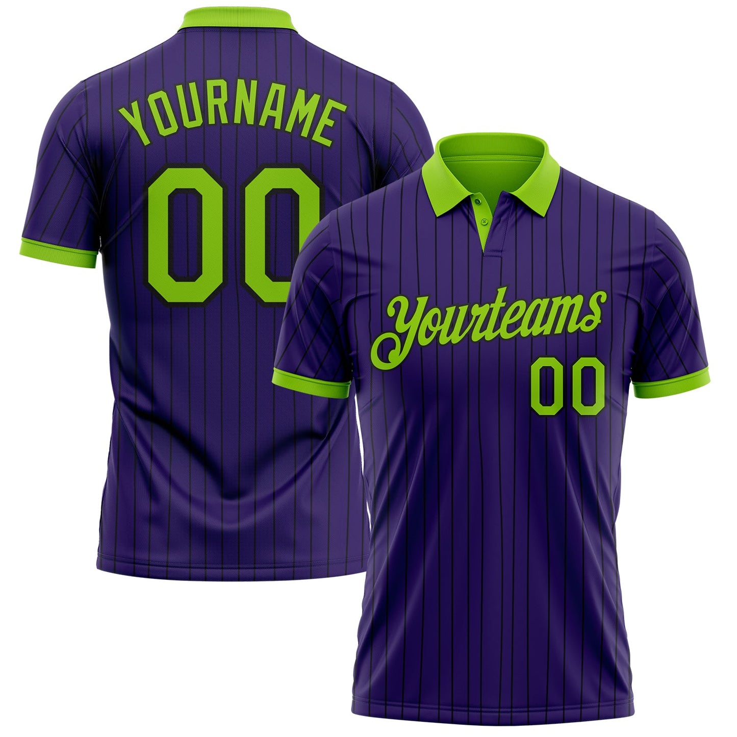 Custom Purple Black Pinstripe-Neon Green Performance Polo Shirt - Main View