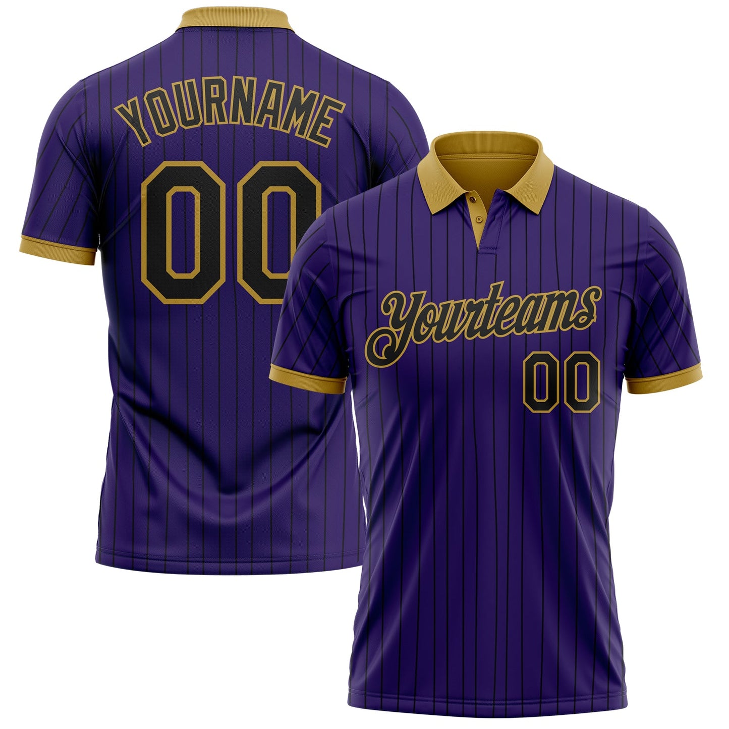 Custom Purple Black Pinstripe-Old Gold Performance Polo Shirt - Main View