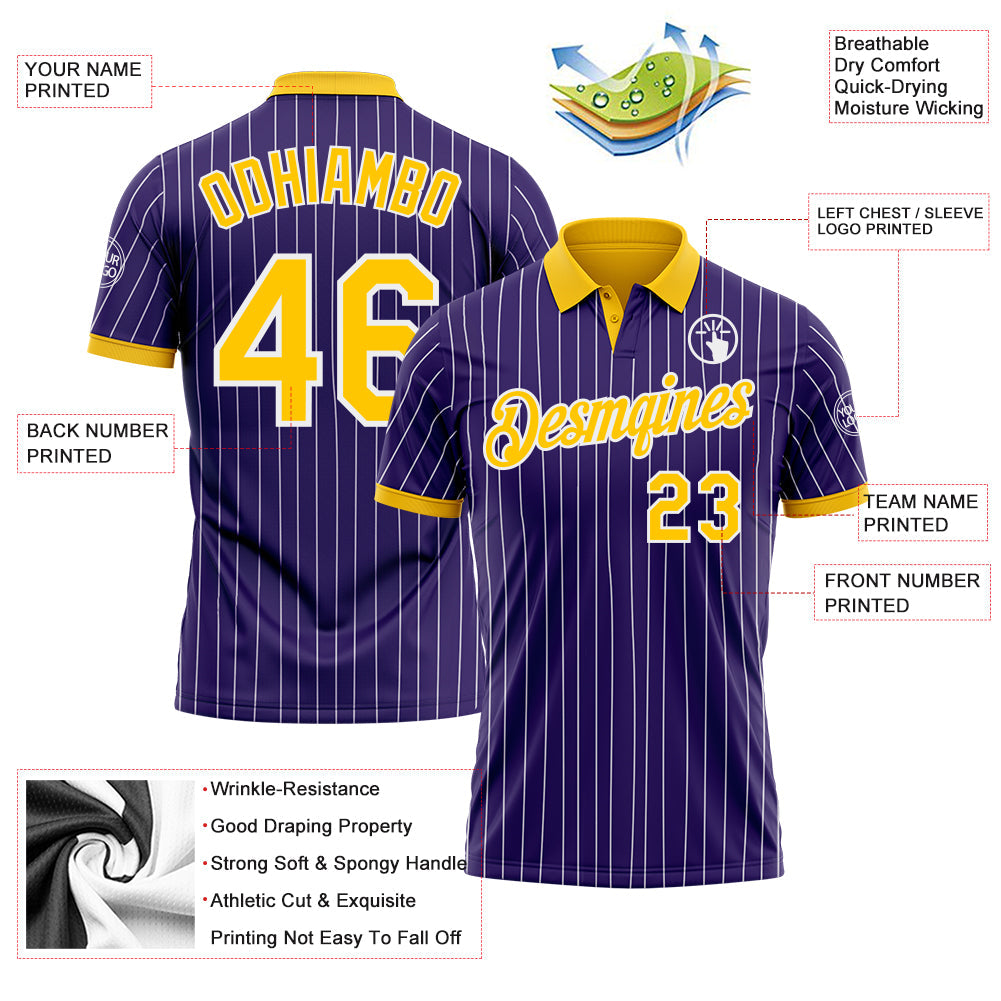 Custom Purple White Pinstripe-Yellow Performance Polo Shirt view 3