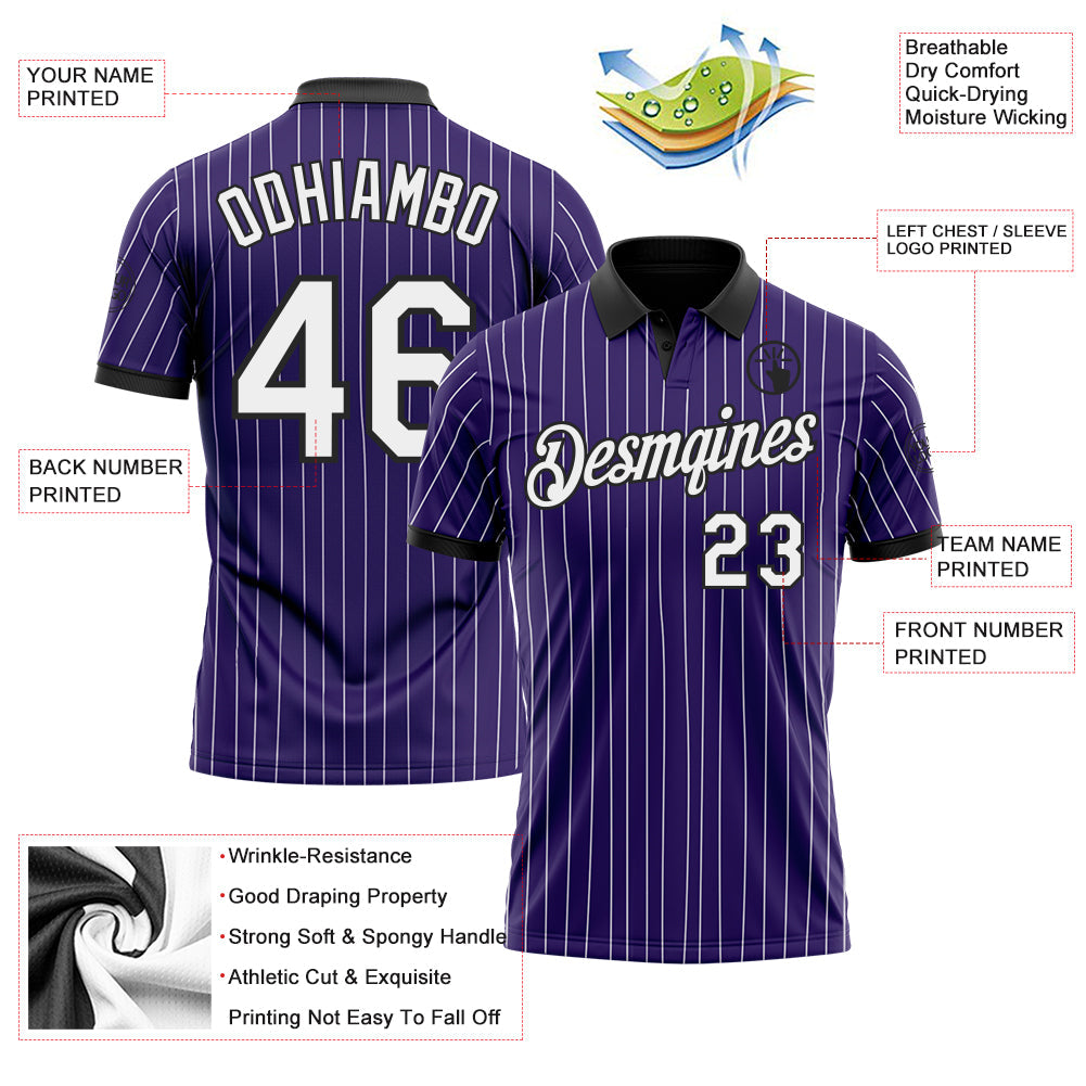 Custom Purple White Pinstripe-Black Performance Polo Shirt view 3