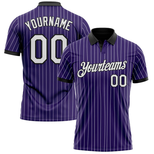 Custom Purple White Pinstripe-Black Performance Polo Shirt - Main View