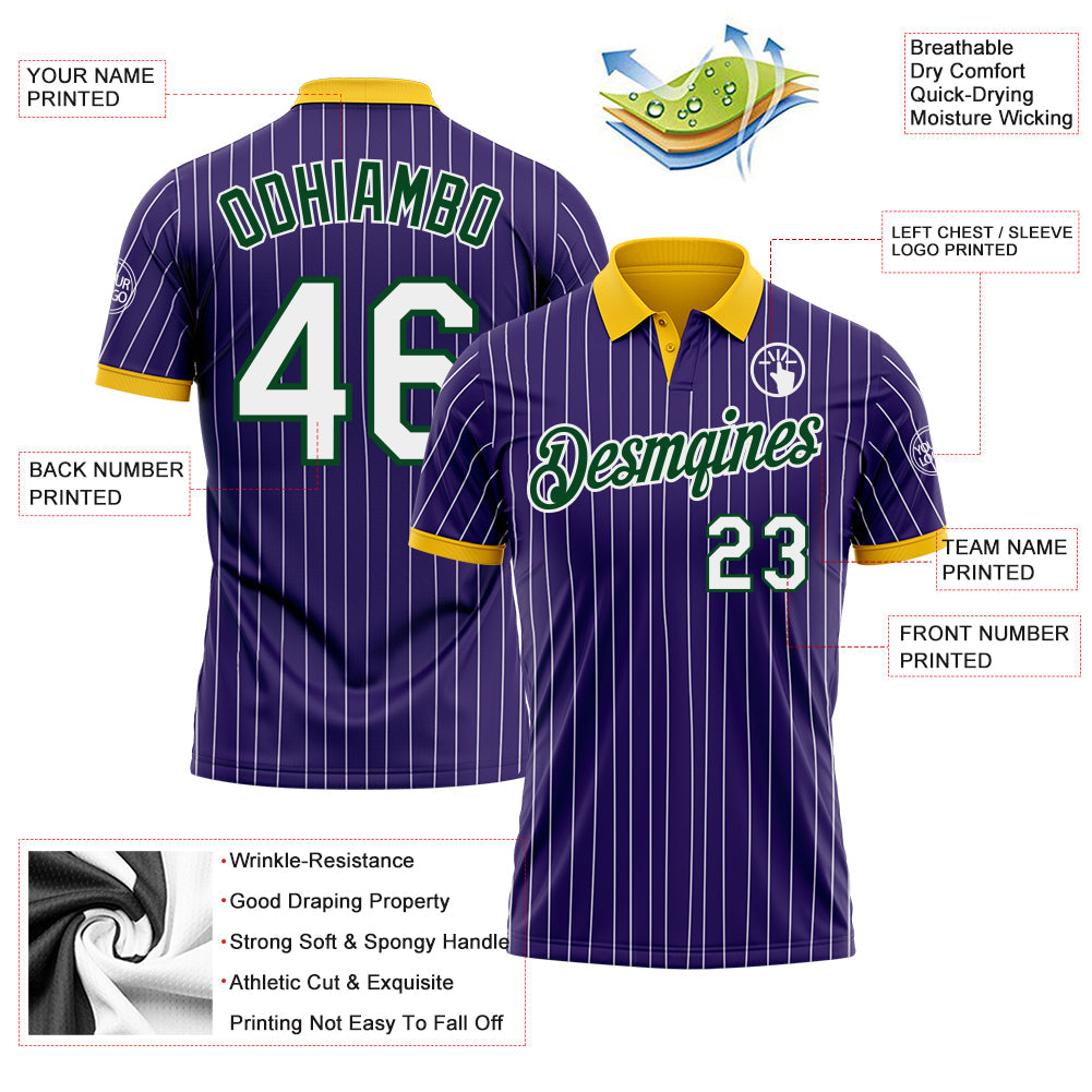 Custom Purple White Pinstripe Green-Yellow Performance Polo Shirt view 3