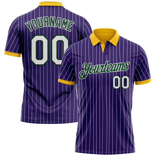 Custom Purple White Pinstripe Green-Yellow Performance Polo Shirt - Main View