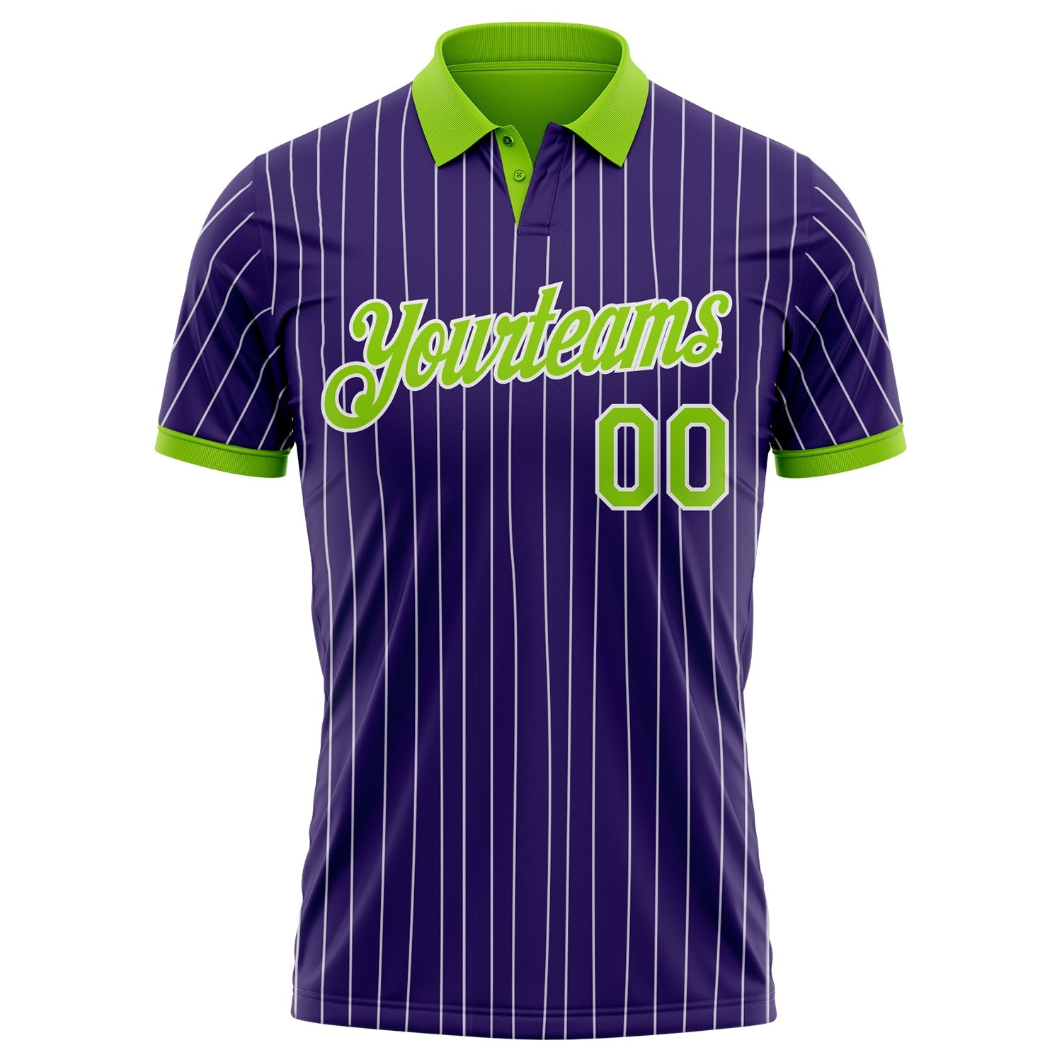 Custom Purple White Pinstripe-Neon Green Performance Polo Shirt view 2