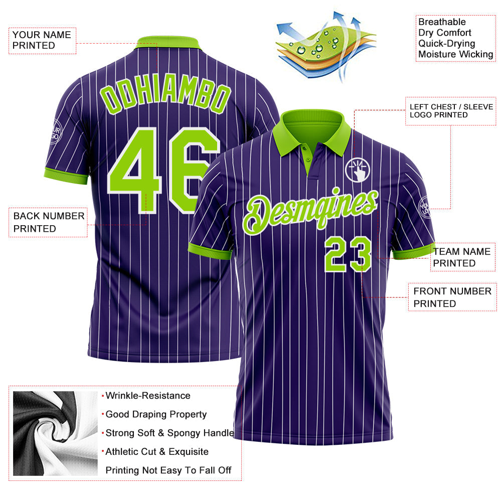 Custom Purple White Pinstripe-Neon Green Performance Polo Shirt view 3