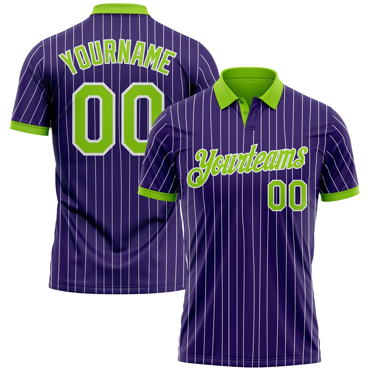 Custom Purple White Pinstripe-Neon Green Performance Polo Shirt - Main View