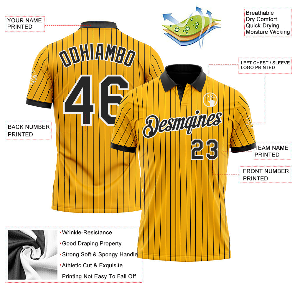 Custom Yellow Black Pinstripe-White Performance Polo Shirt view 3