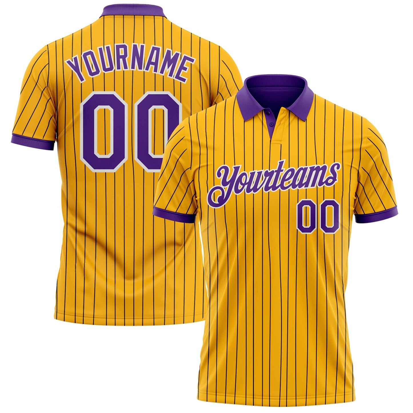 Custom Yellow Black Pinstripe Purple-White Performance Polo Shirt - Main View
