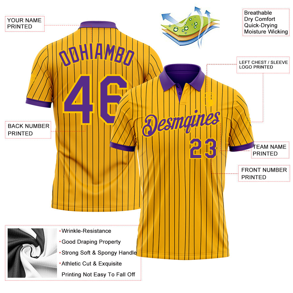 Custom Yellow Black Pinstripe-Purple Performance Polo Shirt view 3
