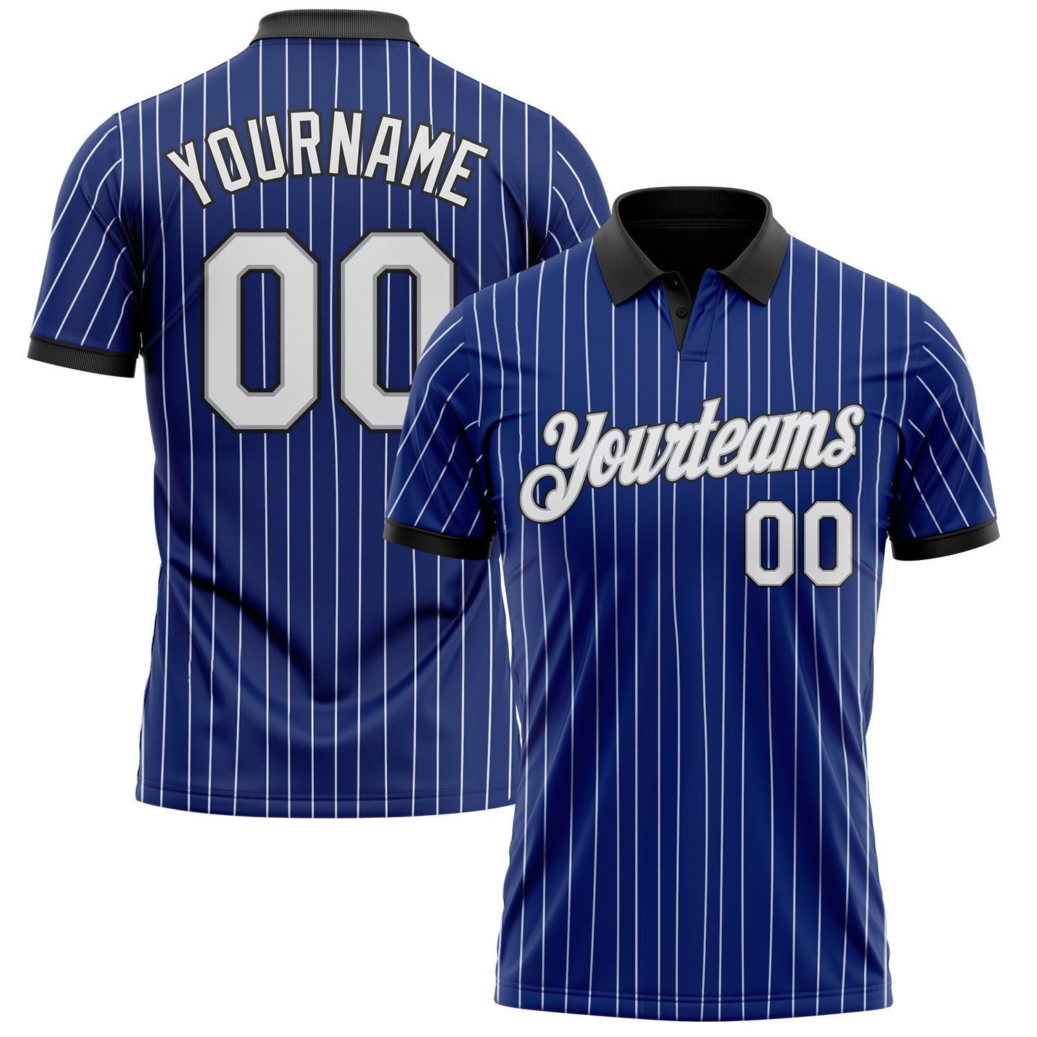 Custom Royal White Pinstripe Gray-Black Performance Polo Shirt - Main View