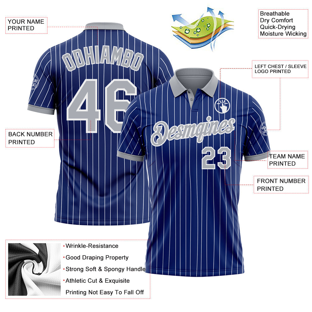 Custom Royal White Pinstripe-Gray Performance Polo Shirt view 3