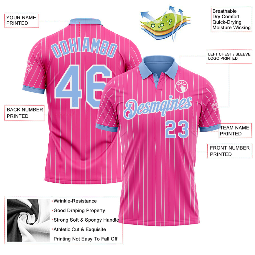Custom Pink White Pinstripe-Light Blue Performance Polo Shirt view 3