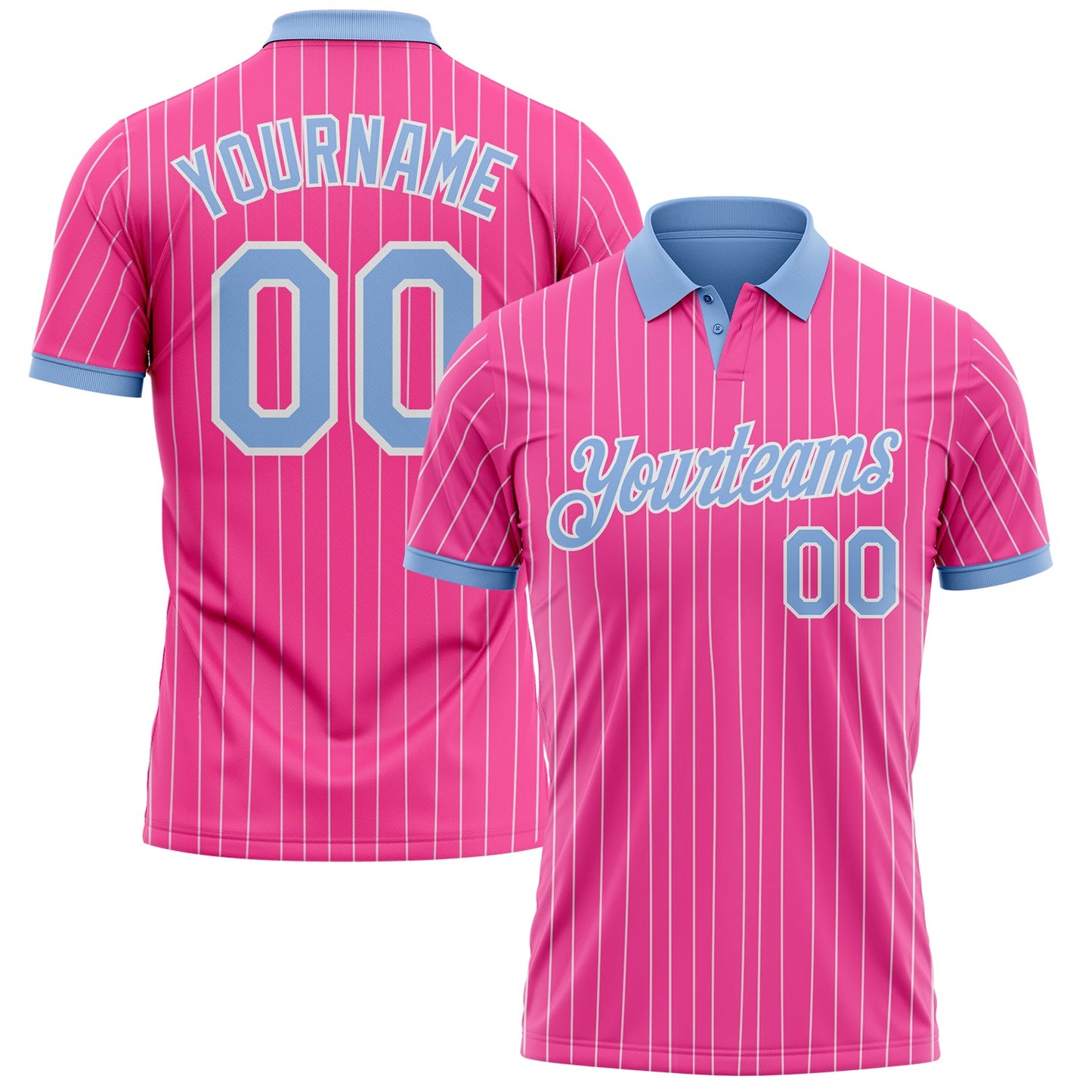 Custom Pink White Pinstripe-Light Blue Performance Polo Shirt - Main View