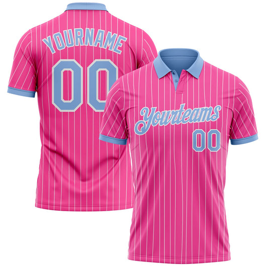 Custom Pink White Pinstripe-Light Blue Performance Polo Shirt - Main View