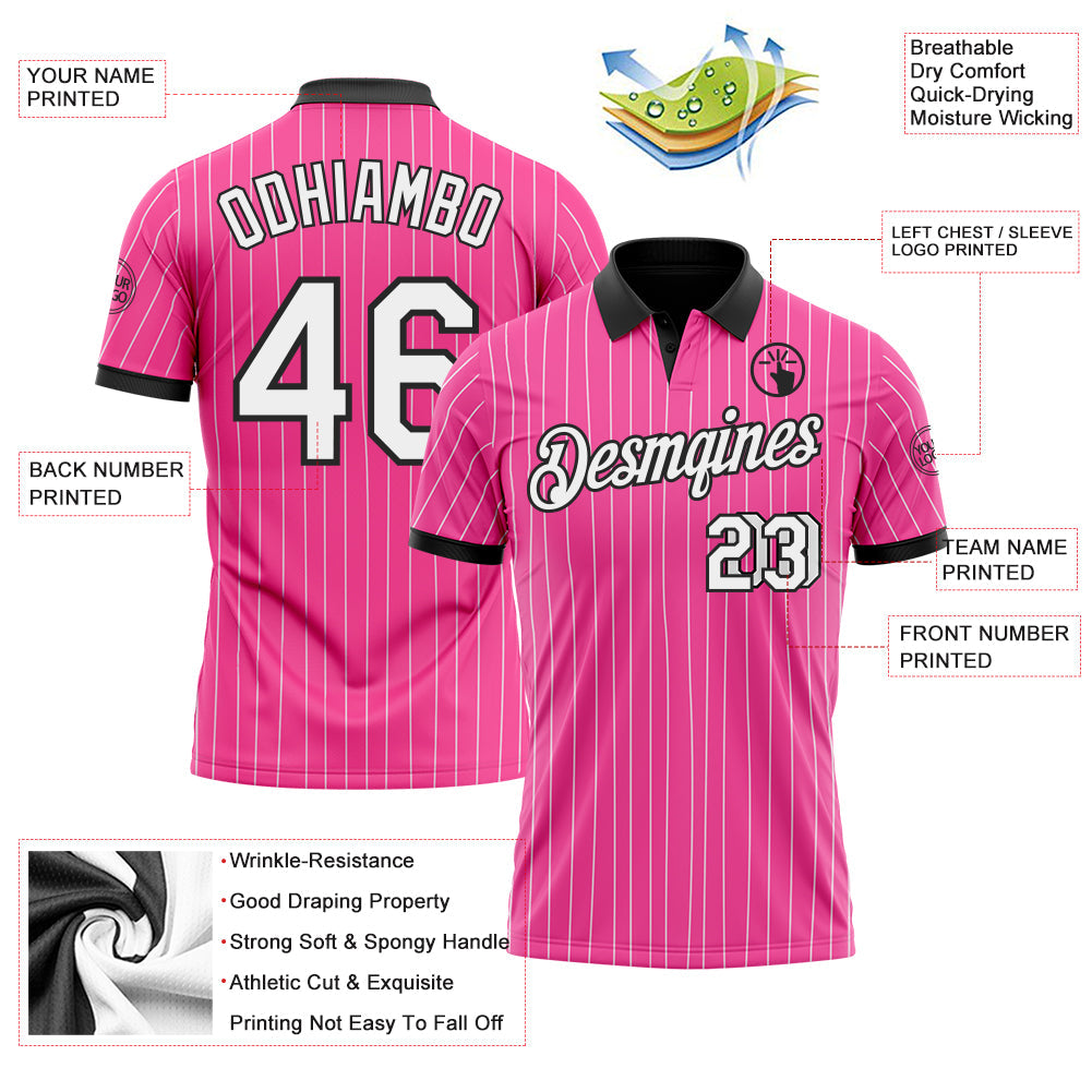 Custom Pink White Pinstripe-Black Performance Polo Shirt view 3