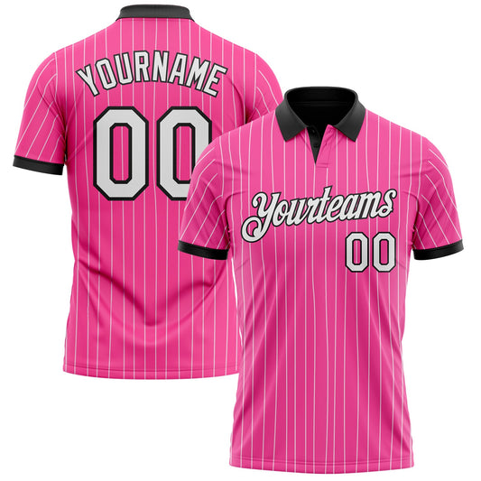 Custom Pink White Pinstripe-Black Performance Polo Shirt - Main View