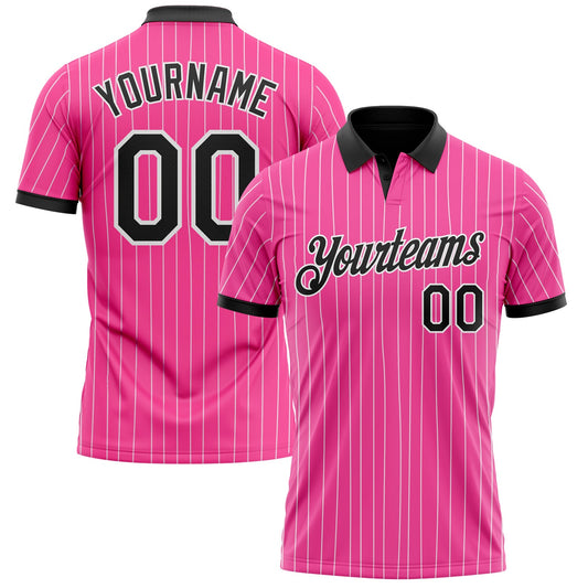 Custom Pink White Pinstripe-Black Performance Polo Shirt - Main View