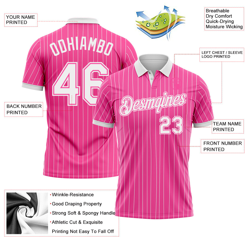 Custom Pink White Pinstripe-White Performance Polo Shirt view 3