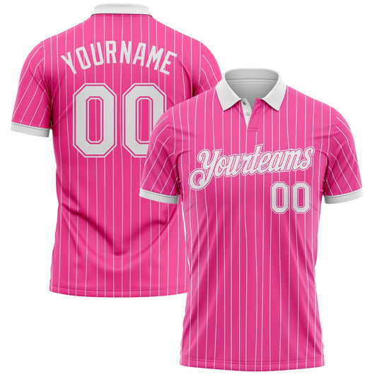 Custom Pink White Pinstripe-White Performance Polo Shirt - Main View