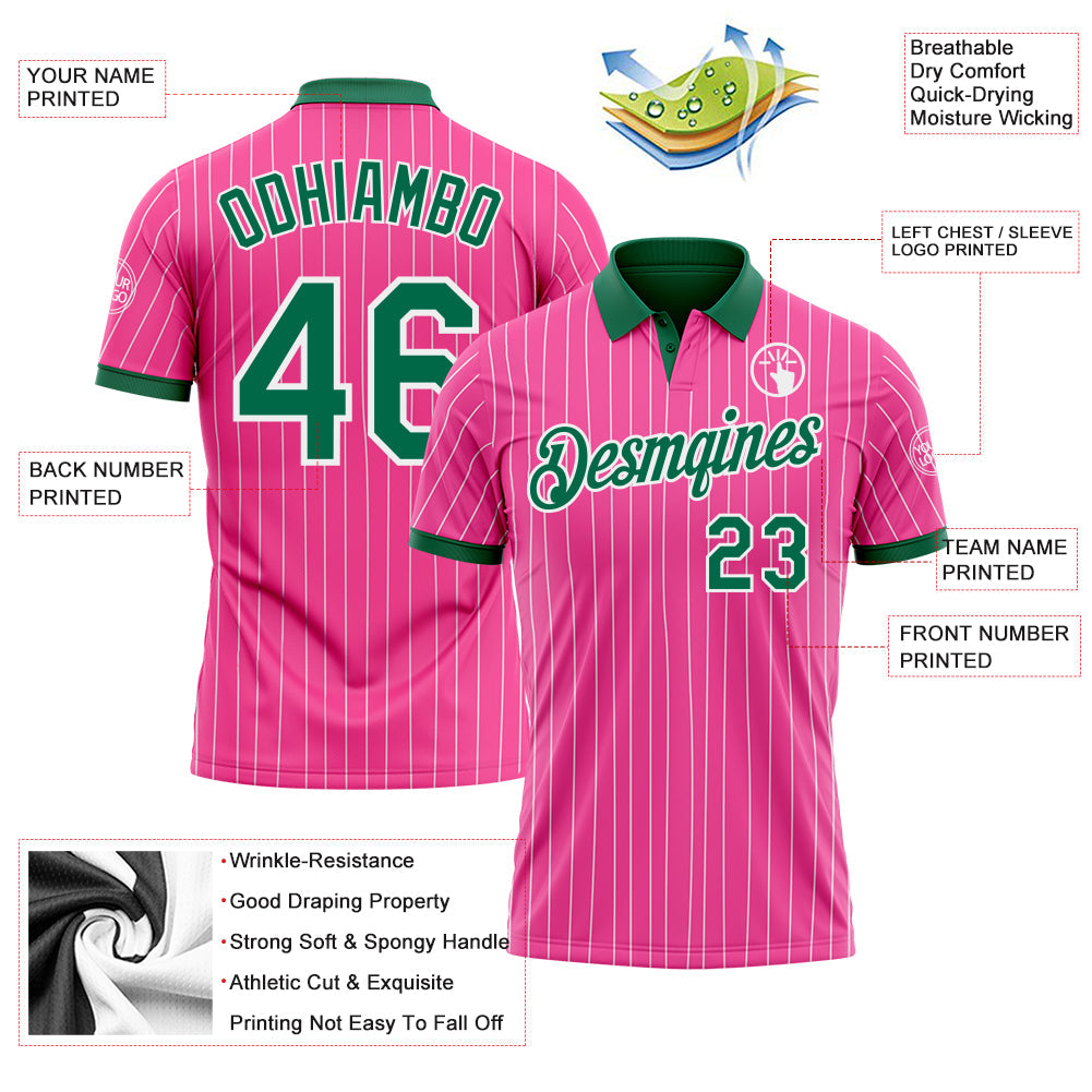 Custom Pink White Pinstripe-Kelly Green Performance Polo Shirt view 3