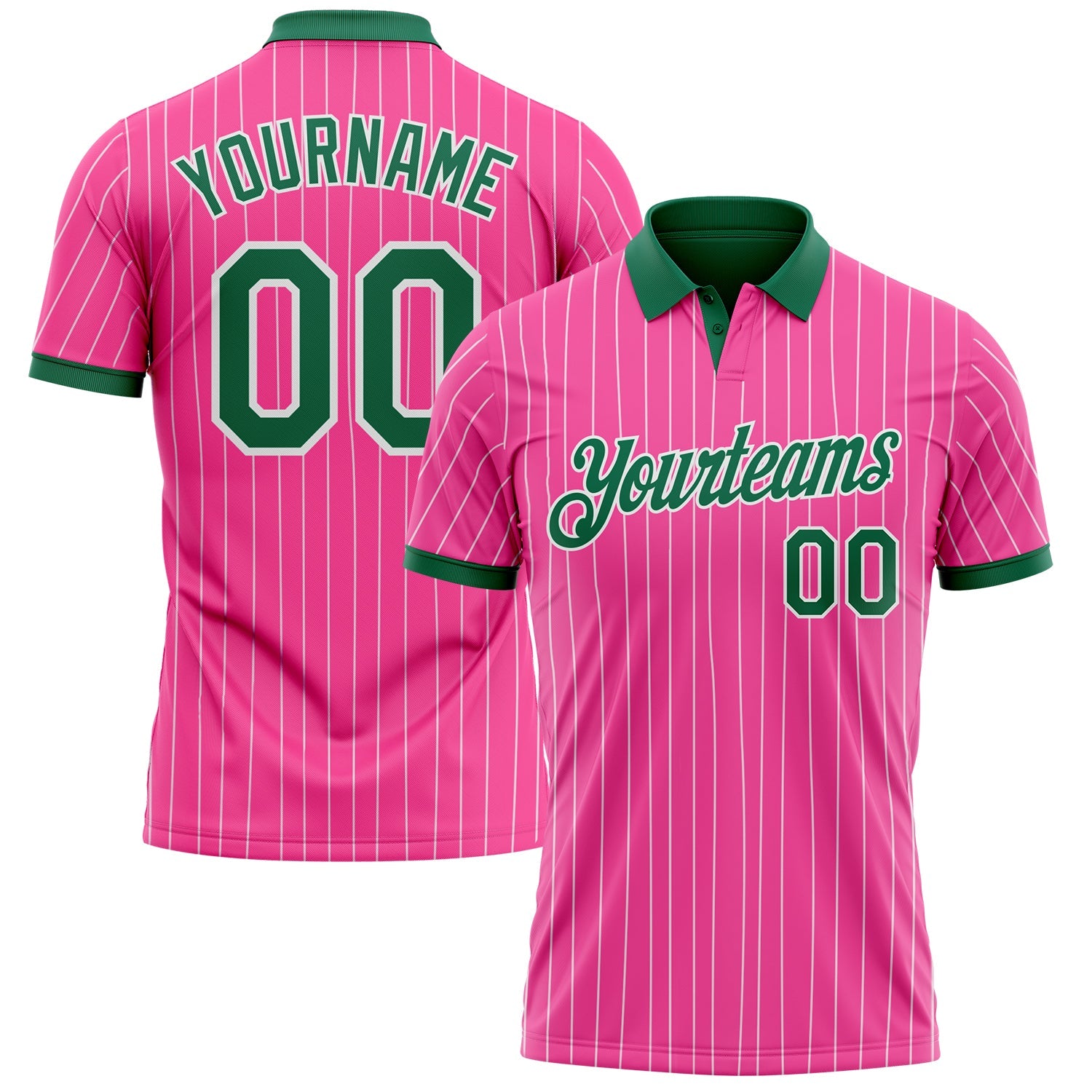 Custom Pink White Pinstripe-Kelly Green Performance Polo Shirt - Main View