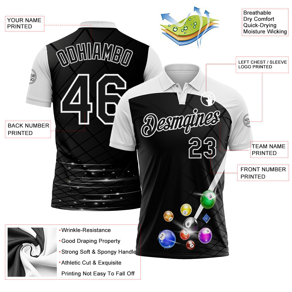 Custom Black-White Billiard Balls Performance Polo Shirt view 3