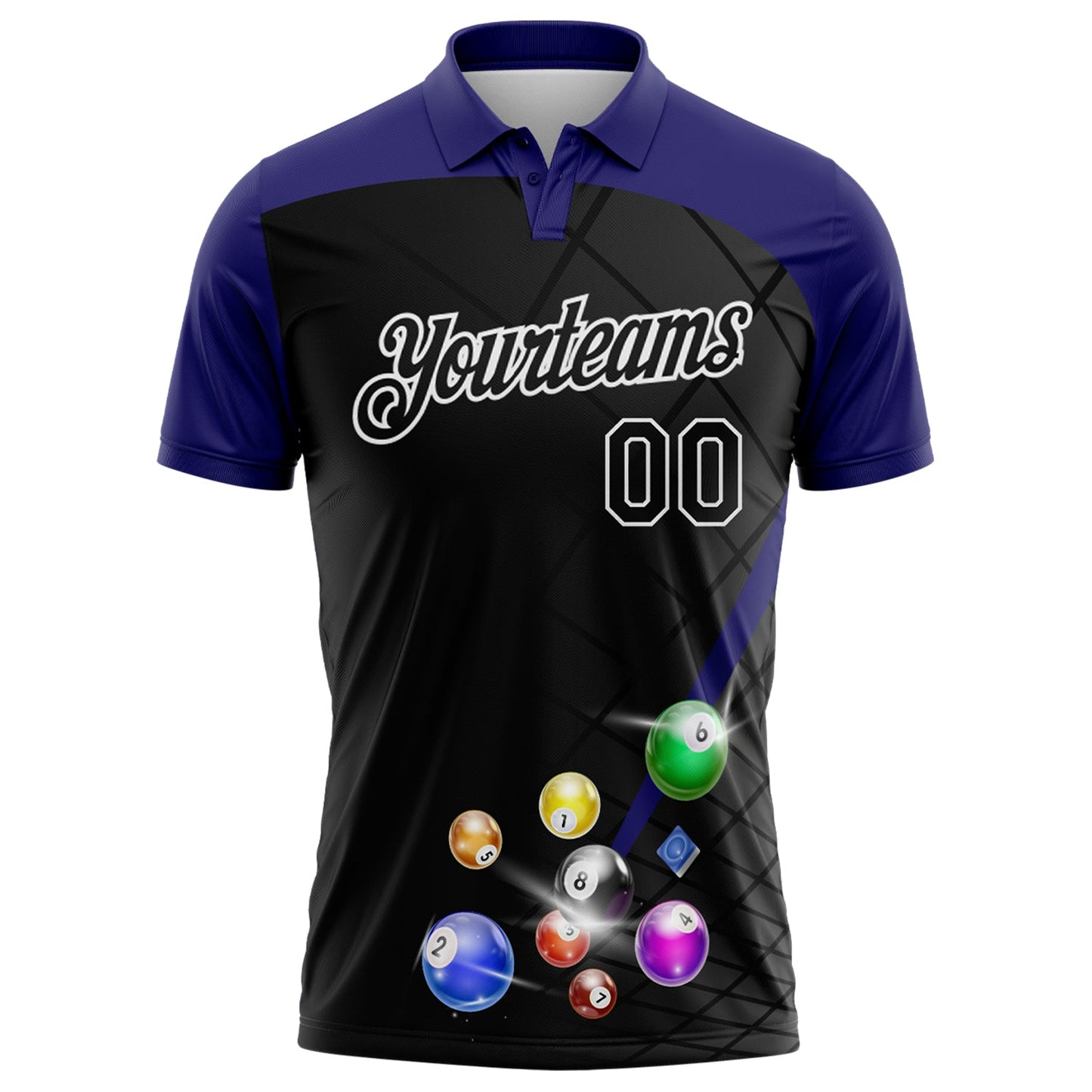 Custom Black Purple-White Billiard Balls Performance Polo Shirt view 2