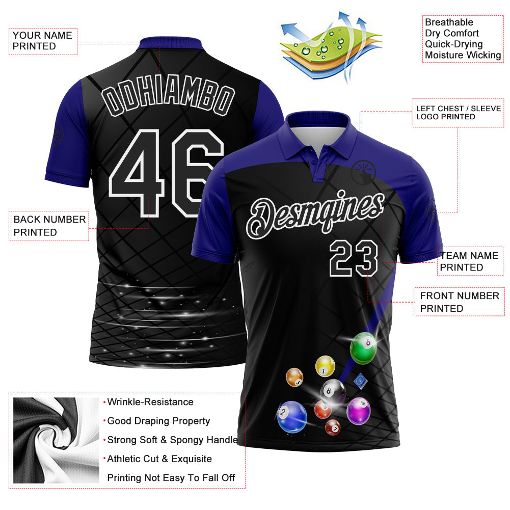 Custom Black Purple-White Billiard Balls Performance Polo Shirt view 3