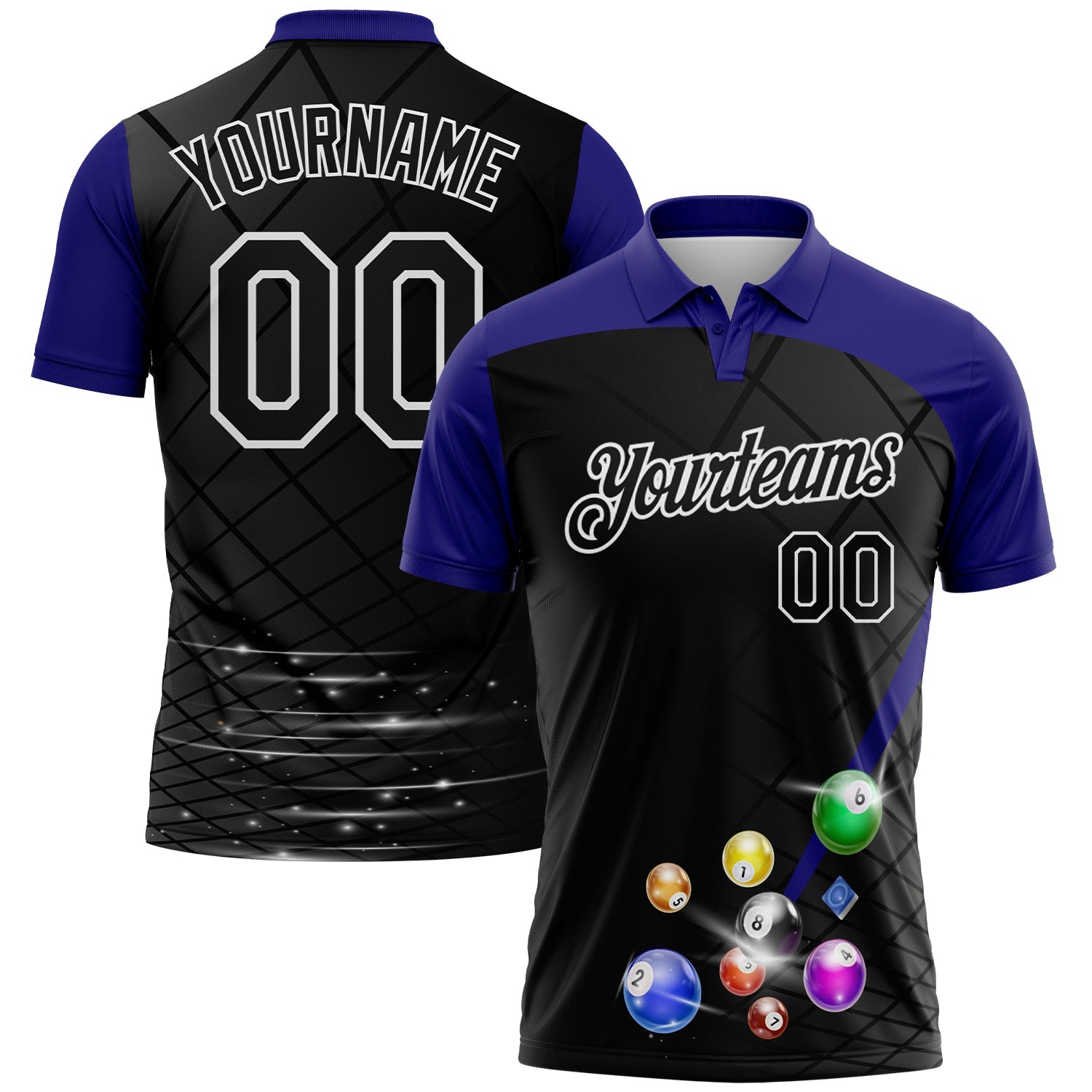 Custom Black Purple-White Billiard Balls Performance Polo Shirt - Main View