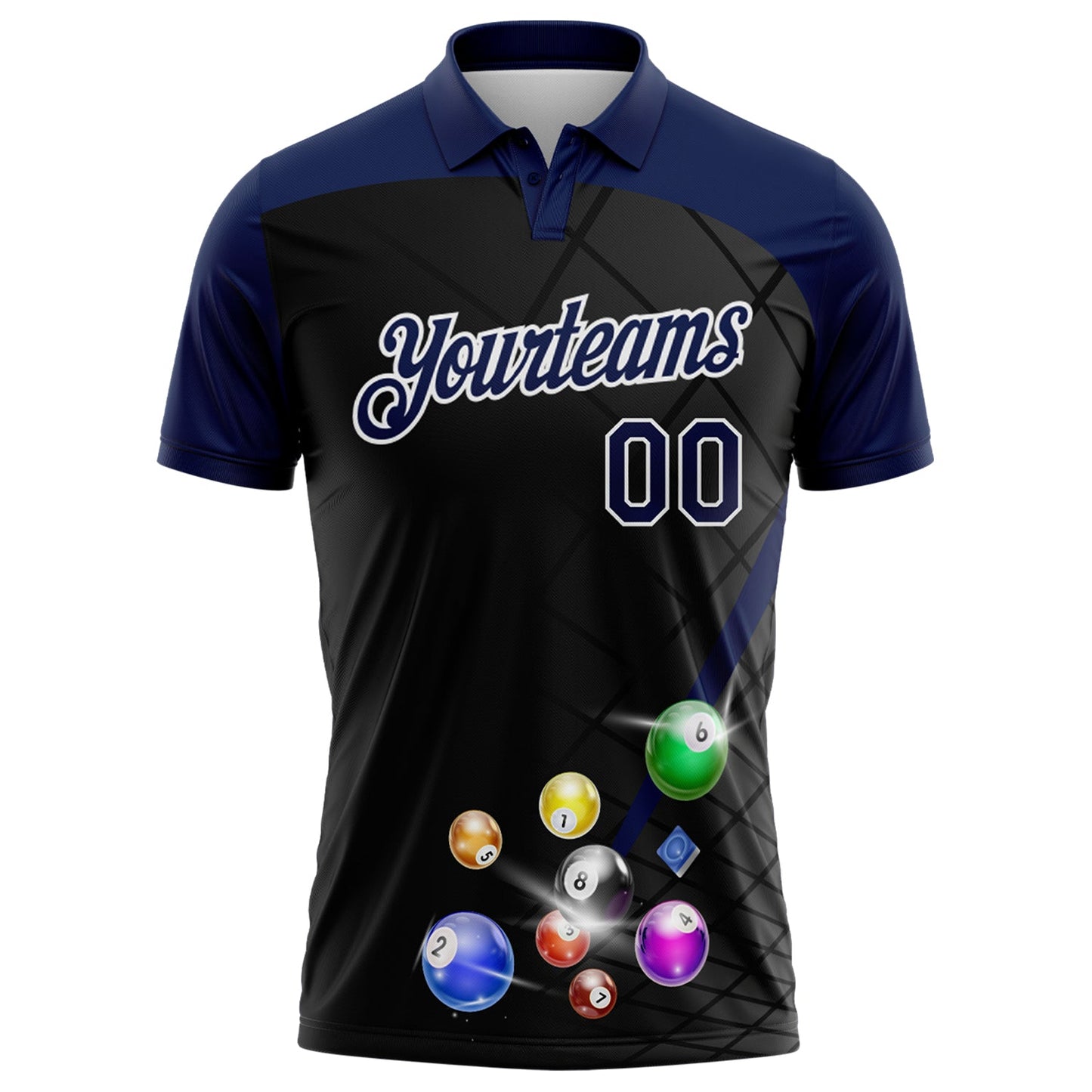 Custom Black Navy-White Billiard Balls Performance Polo Shirt view 2