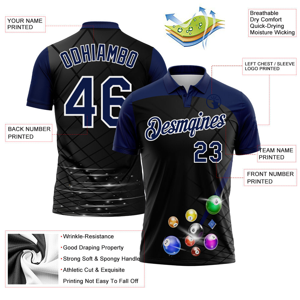 Custom Black Navy-White Billiard Balls Performance Polo Shirt view 3