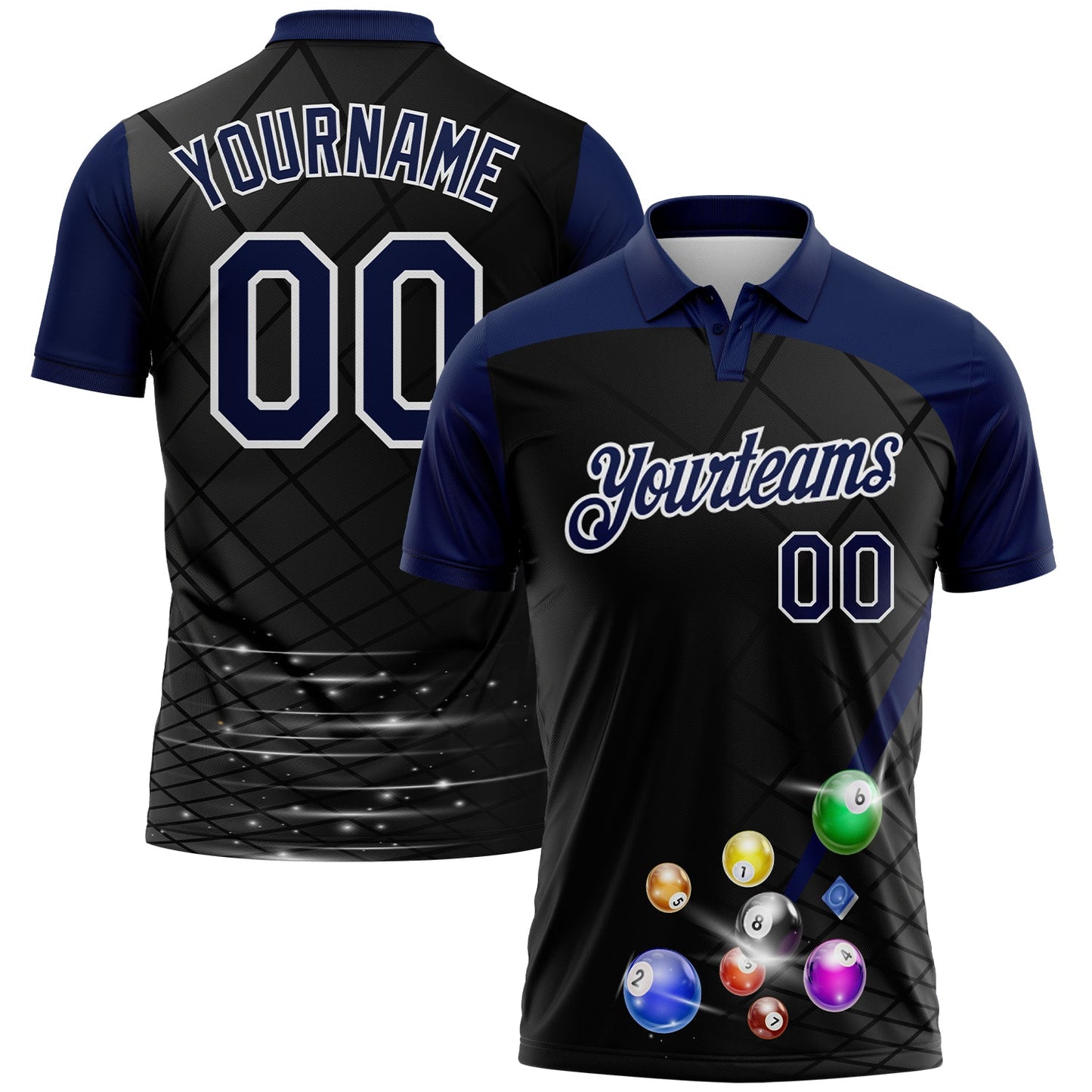 Custom Black Navy-White Billiard Balls Performance Polo Shirt - Main View