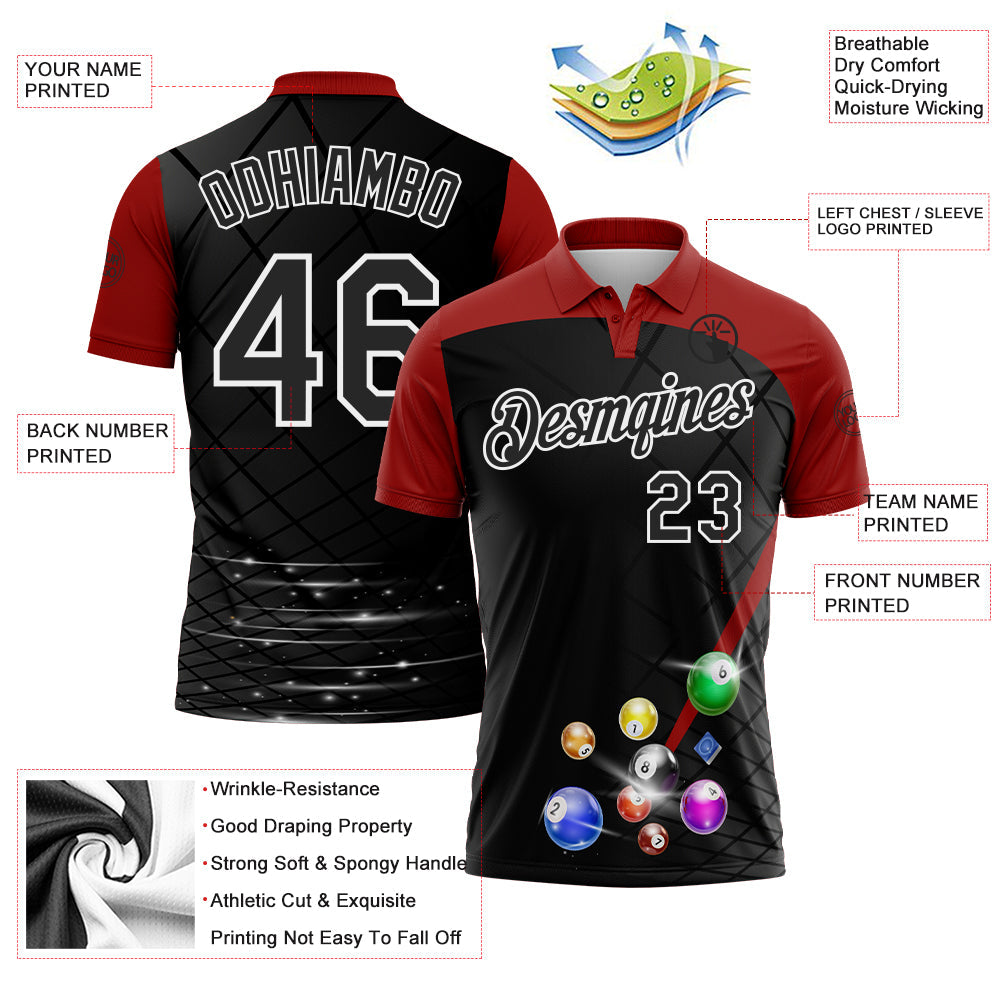Custom Black Red-White Billiard Balls Performance Polo Shirt view 3