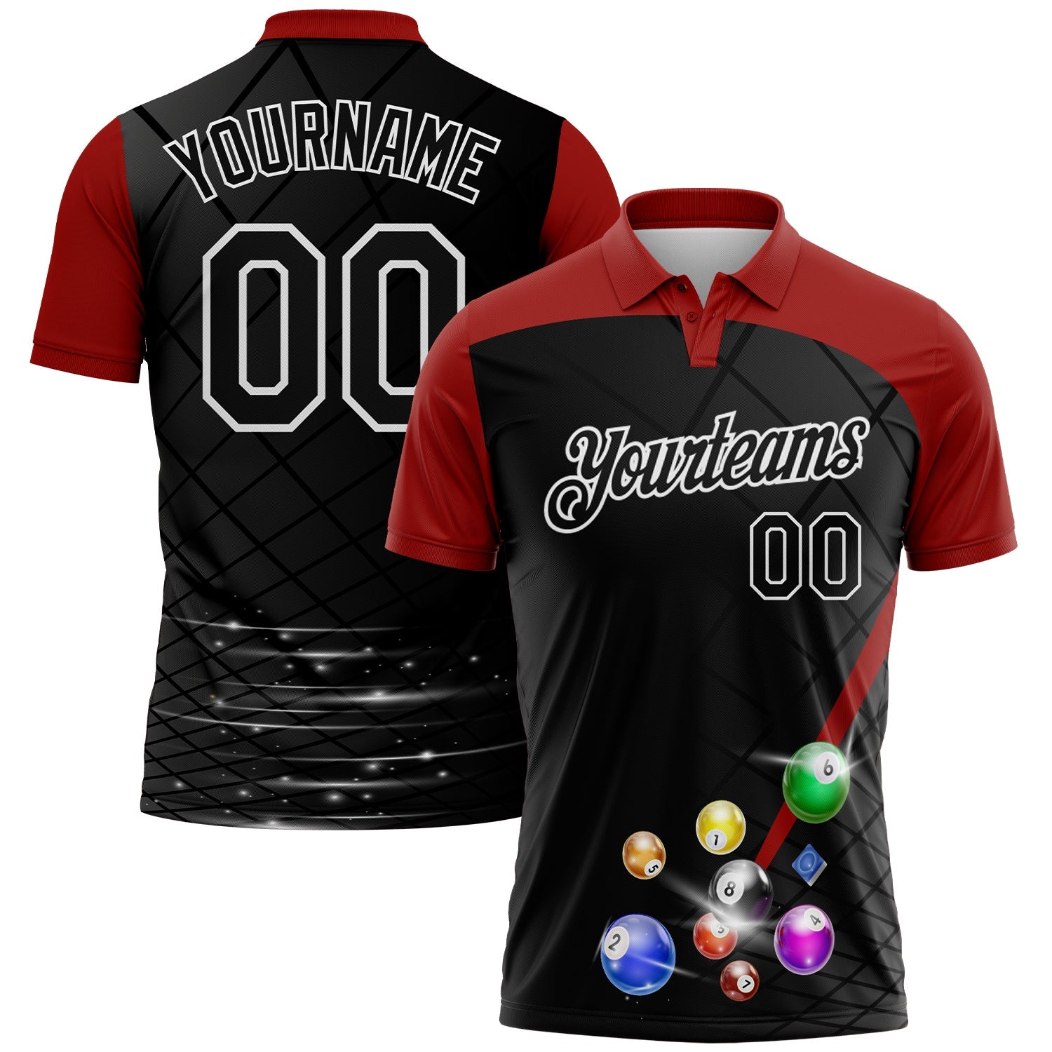 Custom Black Red-White Billiard Balls Performance Polo Shirt - Main View