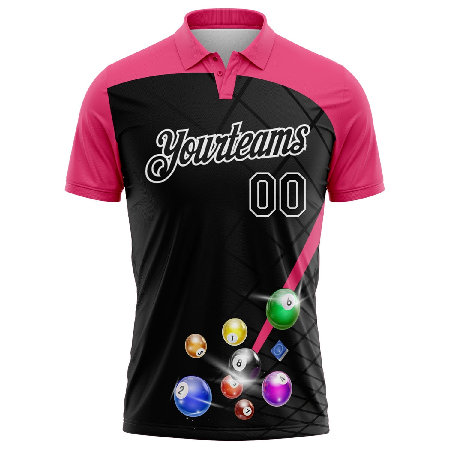 Custom Black Pink-White Billiard Balls Performance Polo Shirt view 2