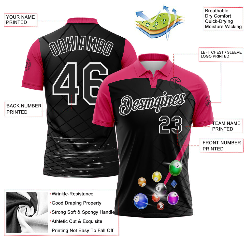 Custom Black Pink-White Billiard Balls Performance Polo Shirt view 3