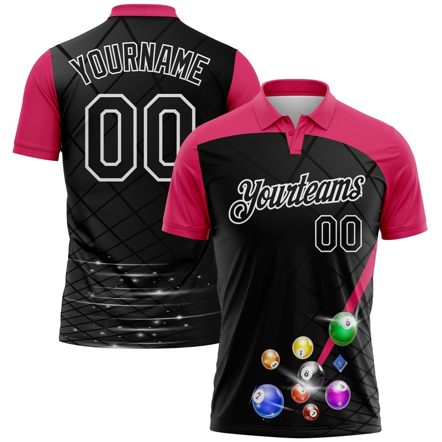 Custom Black Pink-White Billiard Balls Performance Polo Shirt - Main View